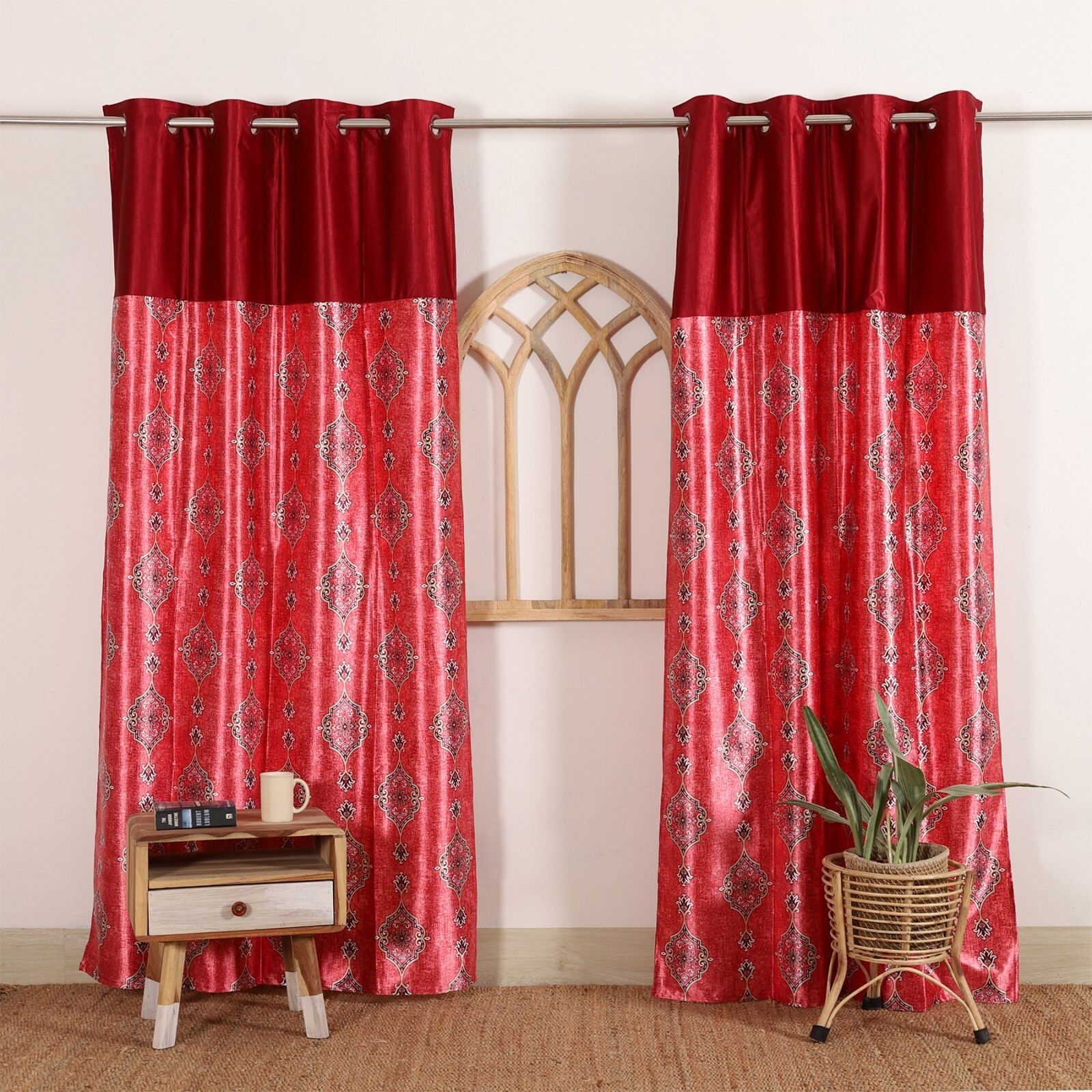 2 Piece Red Floral Print Blackout Eyelet Ring Top Window