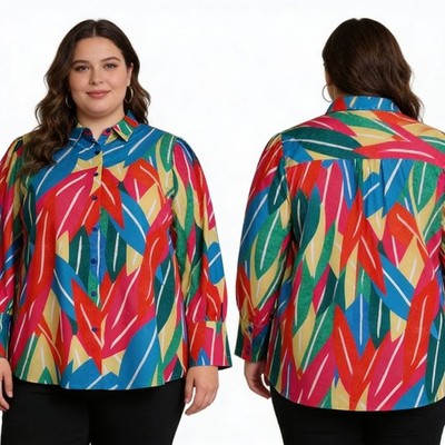 Women Shirt  Vibrant Polyester Leaf Print Button Up Long Sleeve Shirt 2XL
