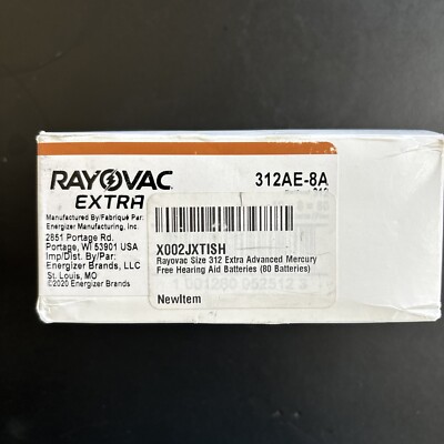 Rayovac Size 312 Extra Hearing Batteries - Box Of 80 Batteries Expire Feb 2025