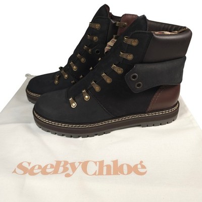 SEE BY CHLOE Eileen Hiker Booties Flat Black Brow NEW WITHOUT BOX Size 40 US 10