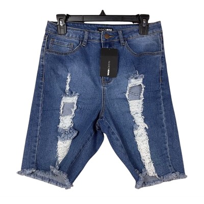 Fashion Nova Shorts Womens Size 11 Khloe II Destroyed Denim Bermuda Cut Off NEW