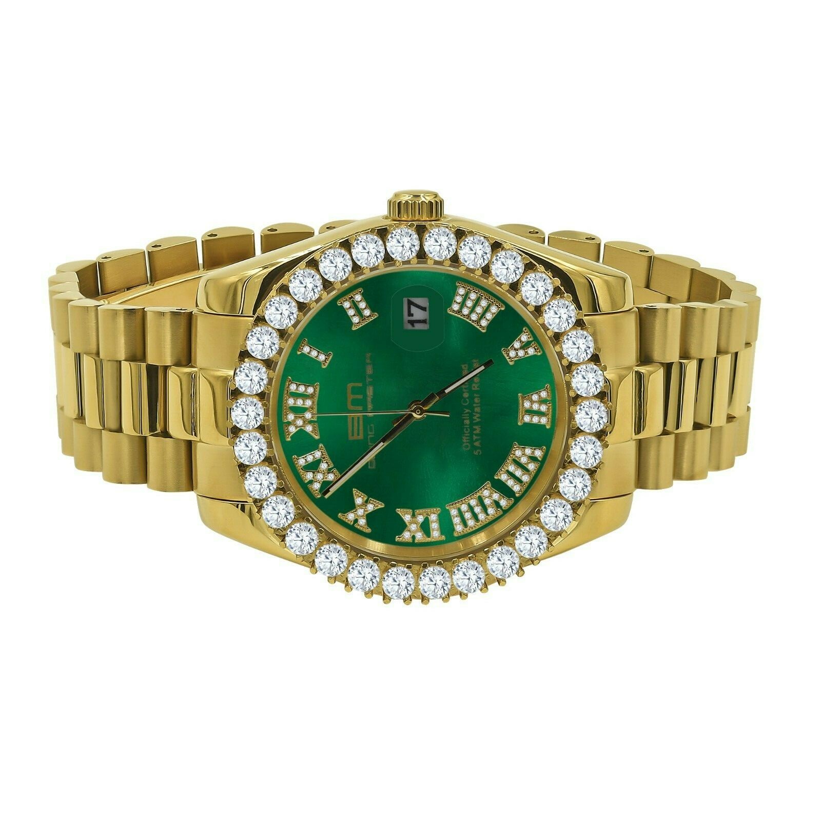 Pre-owned Bling Master Roman Green Dial Solid Steel Men 18k Gold Tone Simulated Diamond President Watch