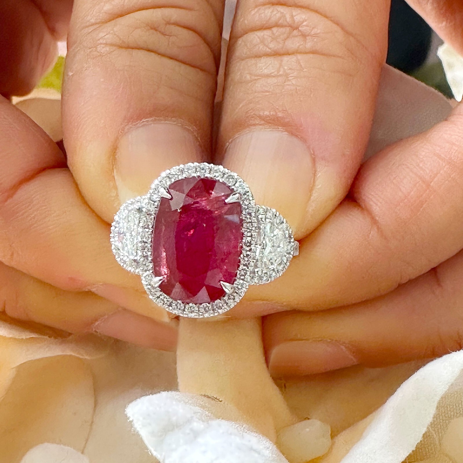 Pre-owned Ruby 14k White Gold Oval  And Diamonds Engagement Ring Deco Bridal Halo 5.00ct