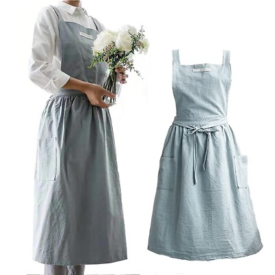 Cotton Linen Apron Cross Back Work Apron for Women with Pockets Pinafore Dress