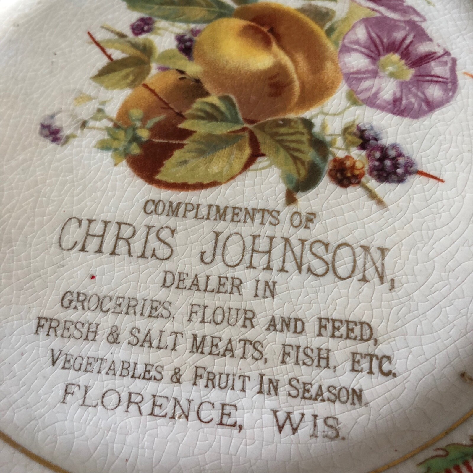 Antique Wisconsin Calendar Plate 1909 Florence WI Johnson Grocery Christmas