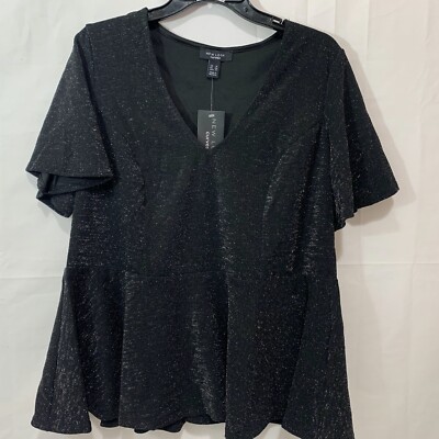 New Look Curves Womens NWT Go Lurex Pep Top in Black Glitter Size 14