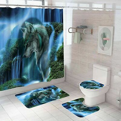4 Pcs Wolf Shower Curtain Sets with Non-Slip Rug, Toilet Lid Cover and Bath Mat