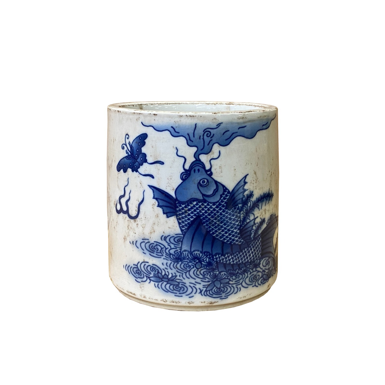 Chinese Distressed White Porcelain Blue Fishes Graphic Holder Vase ws3206S Chinese Distressed White Porcelain Blue Fishes Graphic Holder Vase ws3206S