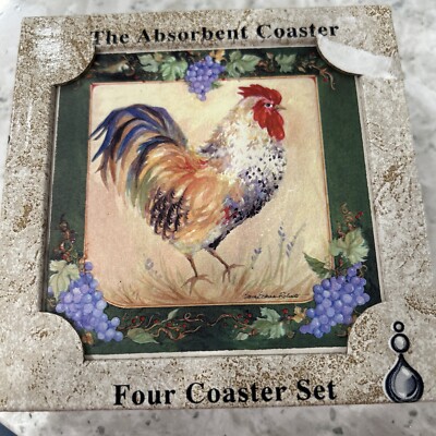 Stone Art Absorbent Stone Coasters Rooster Set Of 4 in Box Never Used