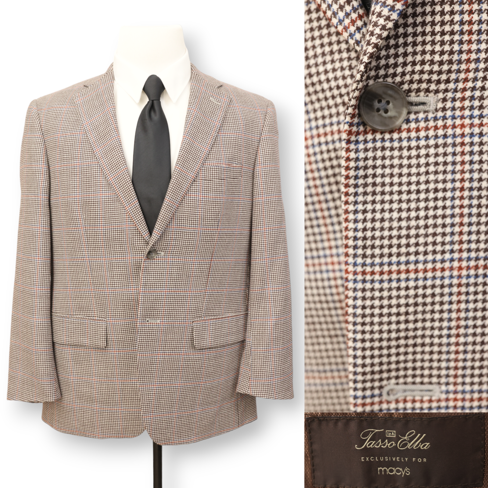 TASSO ELBA mens brown white houndstooth wool sport coat suit jacket blazer 40S