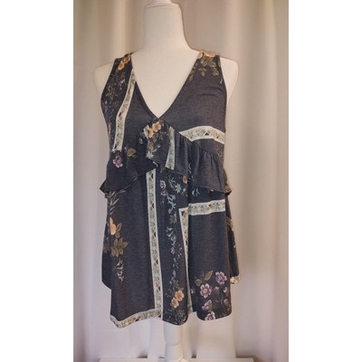 Ces Femme Blue Burnout Floral V-Neck High Waist Ruffle Detail Tank Size Small