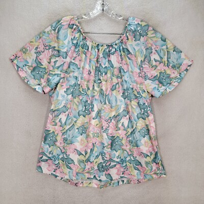 Vtg 70s Teal Floral Womens Top Pink Retro Relax Light Tunic Blouse Plus Size 1X