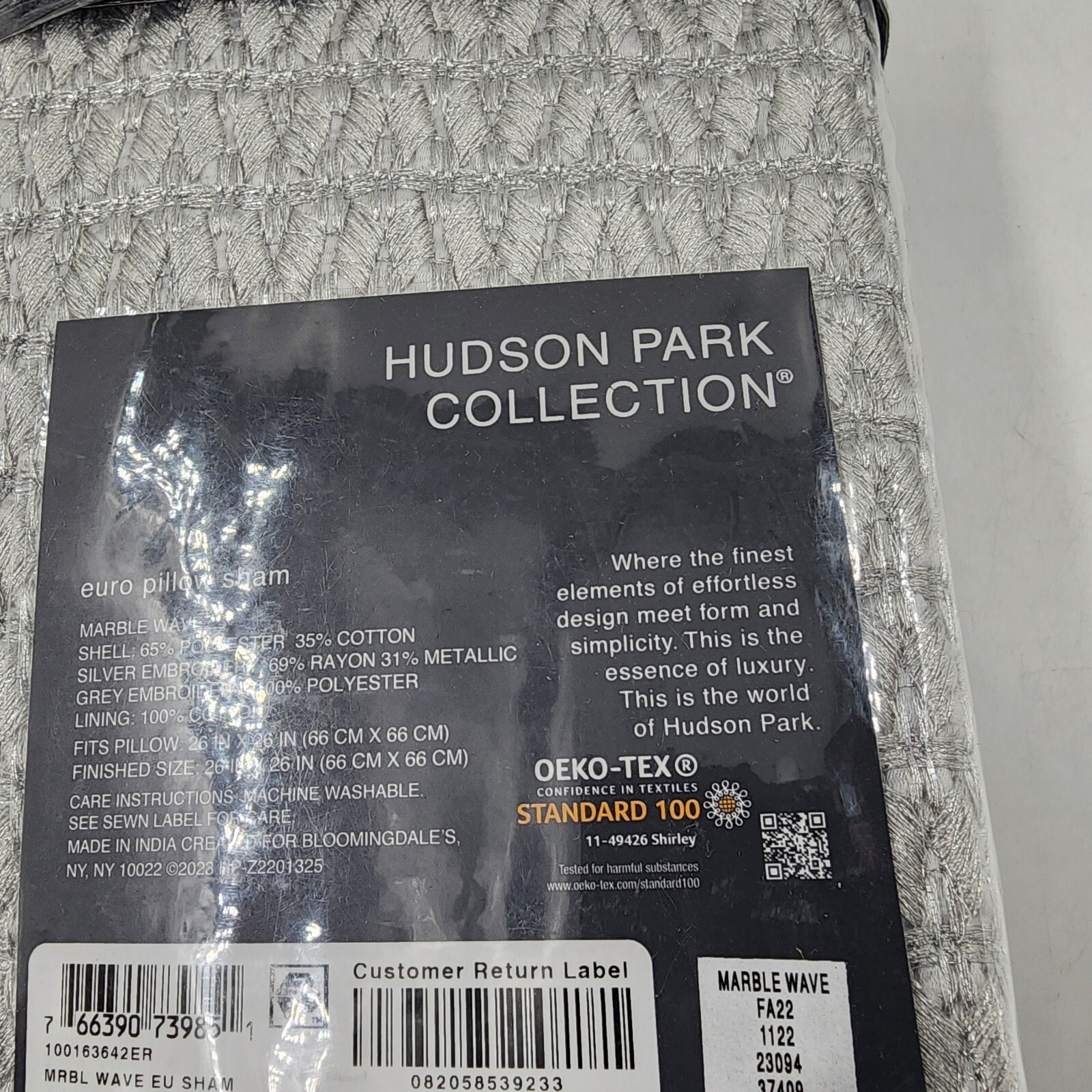 Hudson Park Collection Marble Wave Euro Pillow Sham 26 x 26in Silver Zip Closure - Picture 13 of 15