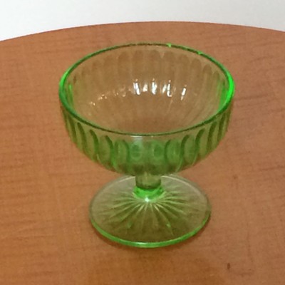 Vintage Green Vaseline Depression Glass Sherbert Dessert Footed Dish Optic Bowl