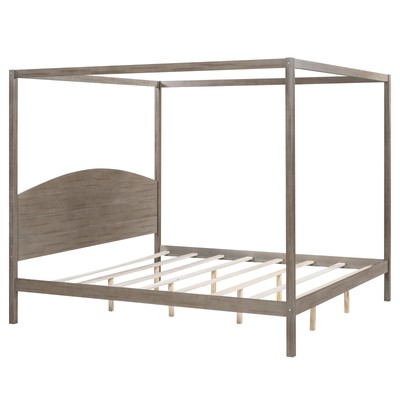 Brown Wash King Size Canopy Bed with Headboard & Support Legs
