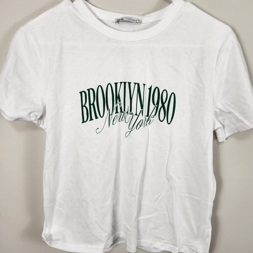 Zara Womens T-Shirt White Brooklyn New York Crew Neck Tee