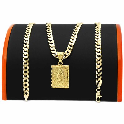 Mens 18k Gold Plated Brass Guadalupe Pendant 6mm 24" Cuban Chain