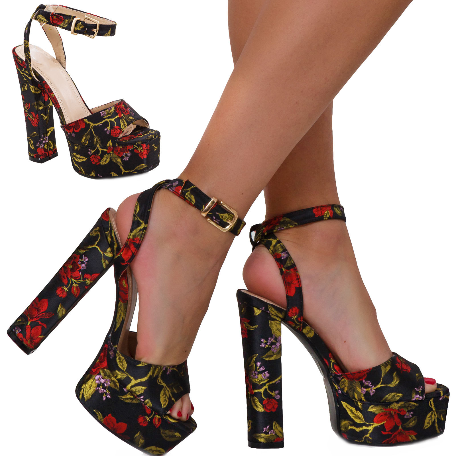 Scarpe donna plateau sandali floreali tacco grosso eleganti cinturino 15-01 | eBay