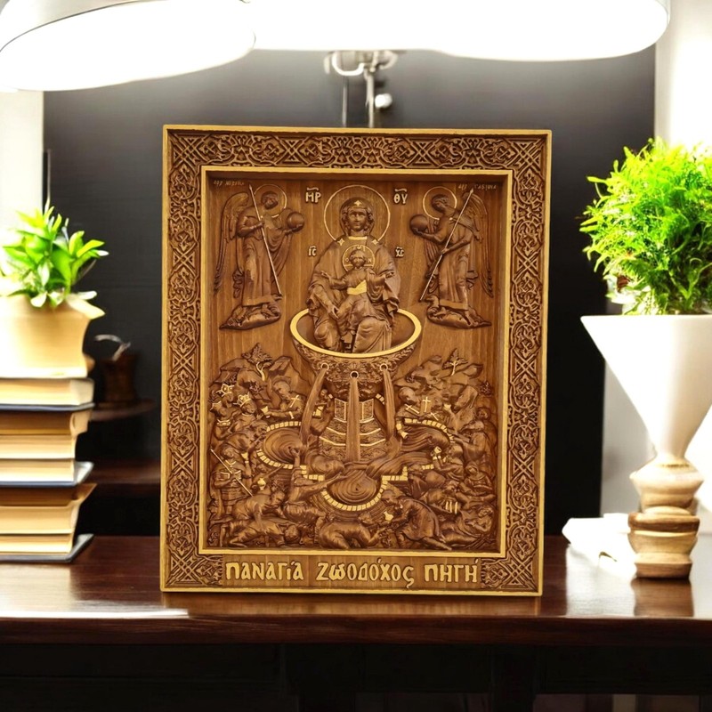 Mother of God Life-giving Spring Wooden Carved Handmade Byzantine Christian Icon