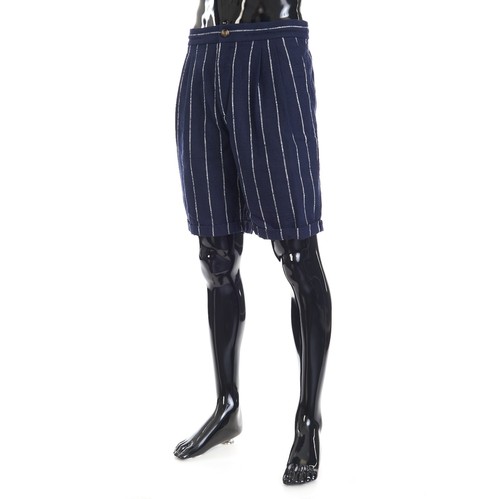Pre-owned Brunello Cucinelli 1395$ Navy Chalk Stripe Bermuda Shorts - Drawstring, Pleats In Blue