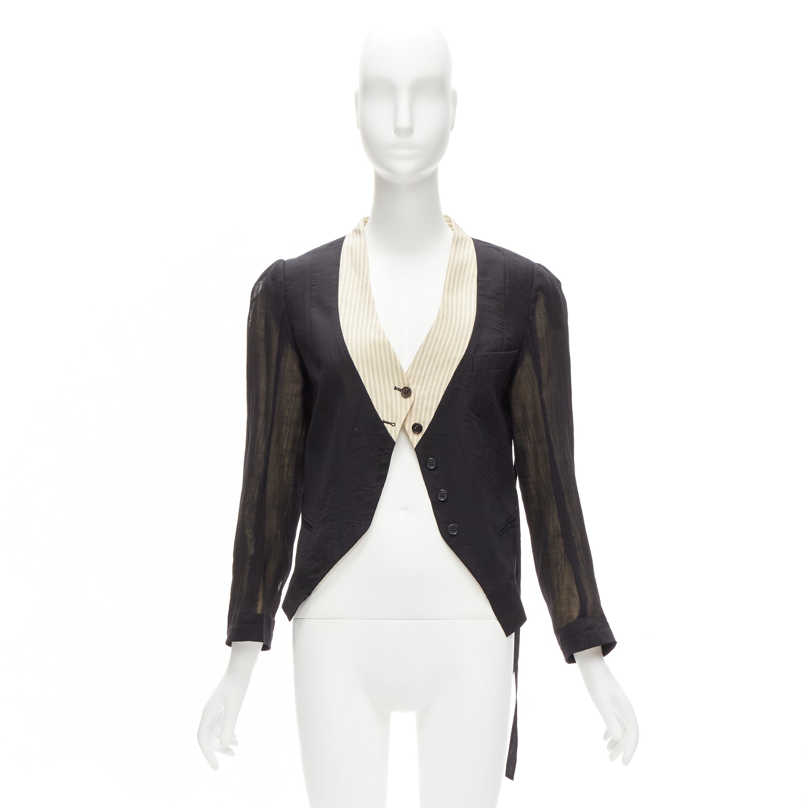ANN DEMEULEMEESTER black overlay sheer cream topstitched