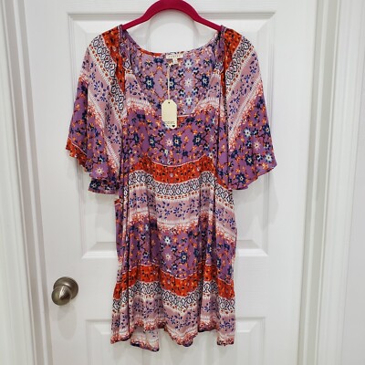 Jodifl Tiered BOHO Tunic Top Women's Size L V-Neck Floral flutter sleeves