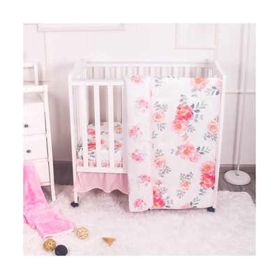 La Premura Mini Crib Bedding Set for Girls, Watercolor Floral Baby Nursery Mi...