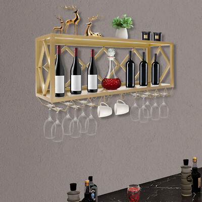 New Wall-Mounted Wine Rack with Wine Glass Rack Metal Wine Storage Display Shelf