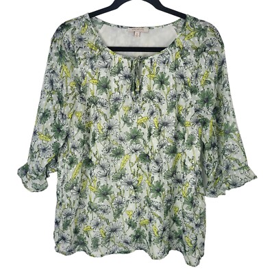 Skies Are Blue Blouse M Womens Half Sleeve Key Hole Pullover Green Floral Top