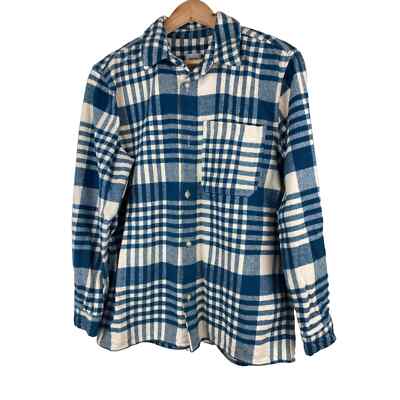 Zara Size L Relaxed Fit Blue Cream Plaid Flannel Button Up Shirt Jacket