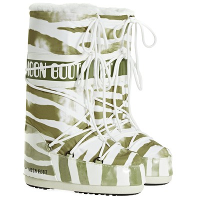 Pre-owned Moon Boot Classic Zebra Womens Boots - White/sage All Sizes