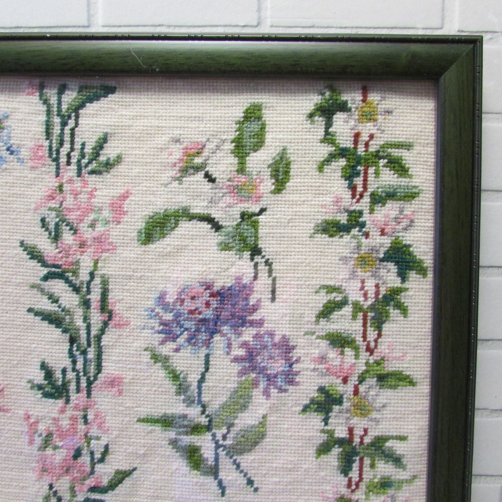 Finished Needlepoint Spring Flowers Green Frame Glass Floral Wall Hanging