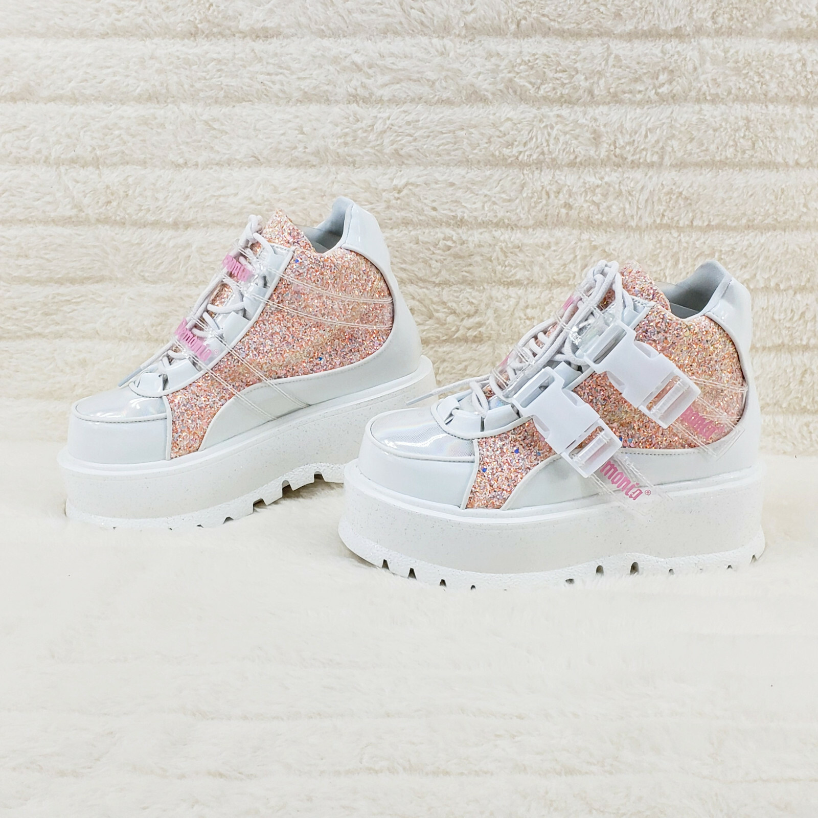 Slacker 50 White Pink Glitter Platform Sneaker Ankle Boots