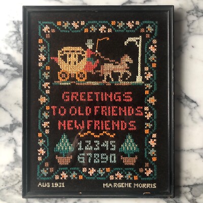 Vintage 1930's NEEDLEPOINT CROSS STITCH SAMPLER on black felt FRAMED dated NICE!