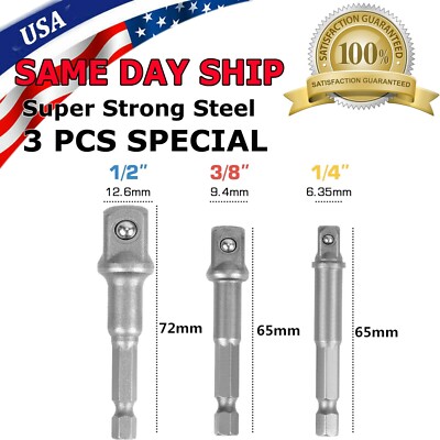 3PC  3'' Impact Grade Socket Adapter Set 1/4'' 3/8'' 1/2'' Drive 1/4'' Hex Shank