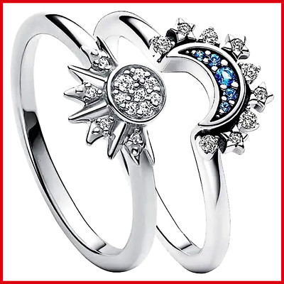 Silver Gold Celestial Ring Pair Moon Sun Sparkling Promise Rings Couple Gift Set