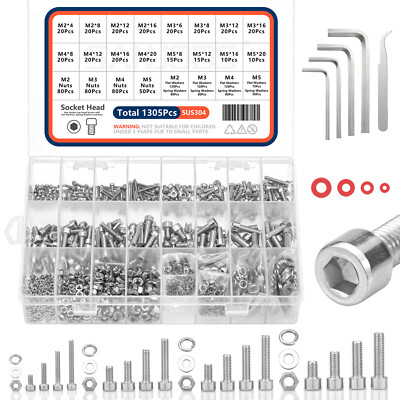 1305 Small Metric Screws Assortment kit, Hex Socket Head Cap, Bolts Nuts Washers