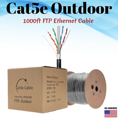 Shielded 1000ft Outdoor Cat5e Cat5 Ethernet Cable FTP Solid UV Direct Burial LAN