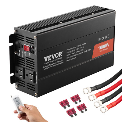 VEVOR Pure Sine Wave Power Inverter 1000W DC12V to AC120V Remote Control CE FCC