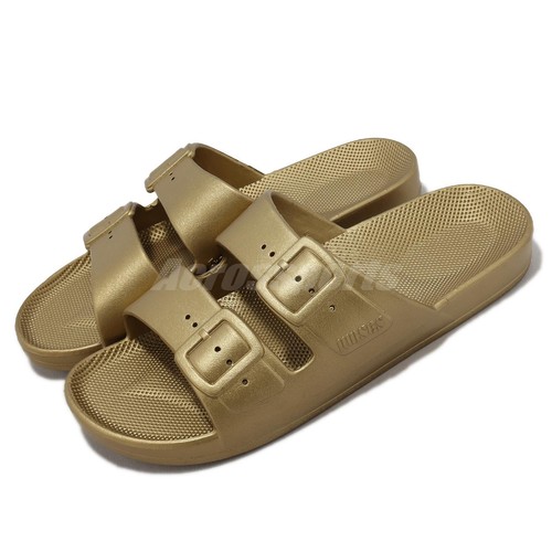 

Freedom Moses Two Band Slide Metallic Gold Мужские повседневные сандалии унисекс FMGLD, Золотой, Two Band Slide