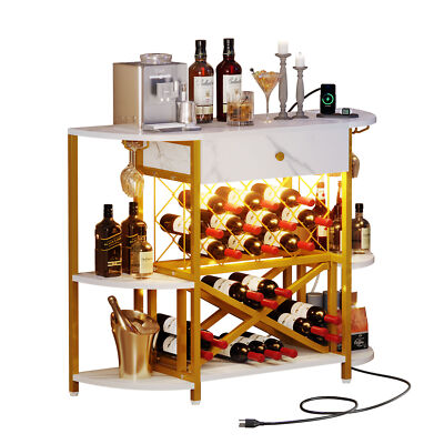 Corner 3-Tier Wine Bar Cabinet with LED Lights and Power Outlets Mini Bar Table