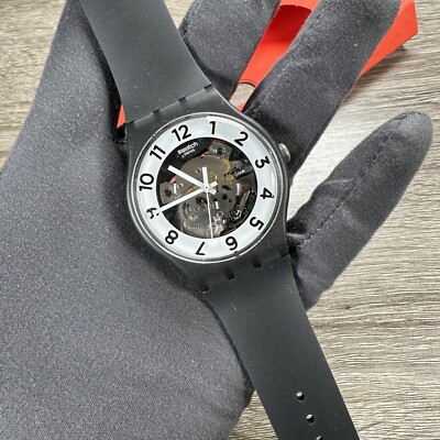 NEW  Swatch SKELETOR Skeleton Numbers Dial Black Silicone Watch