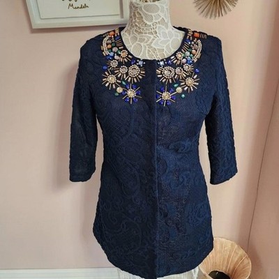 KEYINGYI Bling stones unqiue jacket topper navy flawless LKNW M L Textured