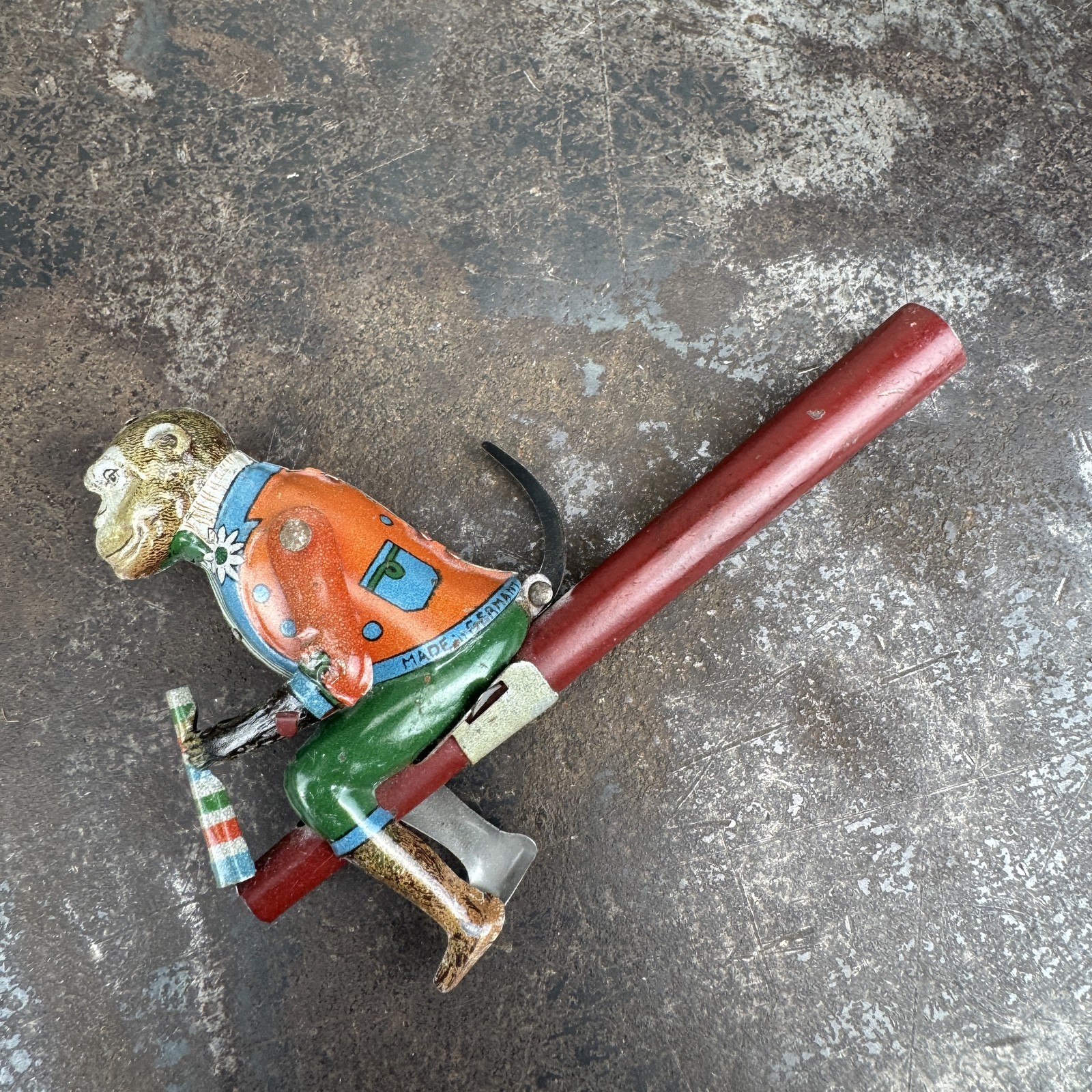 Vtg MONKEY w/ Horn Blow Toy Mechanical Noisemaker PENNY TOY Germany DISTLER