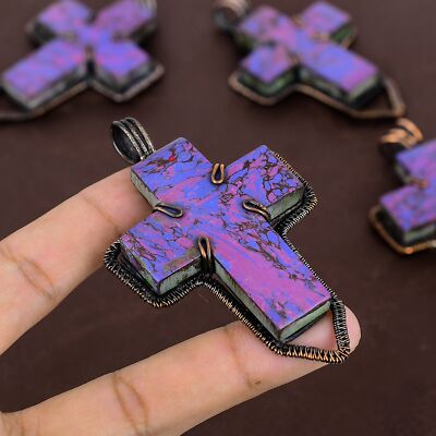 Purple Turquoise Handmade Copper Wire Wrapped Cross Pendant 3.1''