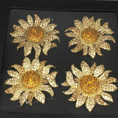x4 Tahari Rhinestone Gold Yellow Sunflower Napkin Ring Set Elegant Fall Decor