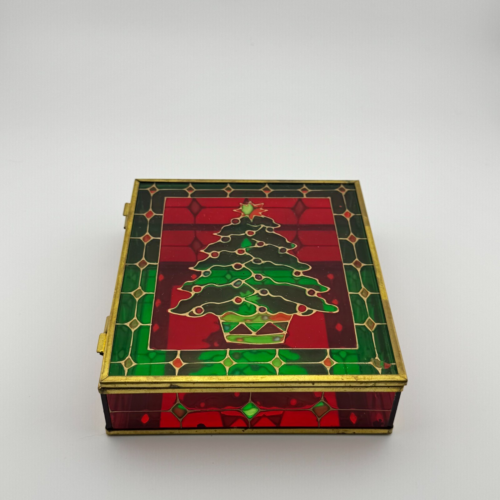 VTG Stained Glass Christmas Tree Trinket Box Brass Tone Hinged Lid Mirror Back