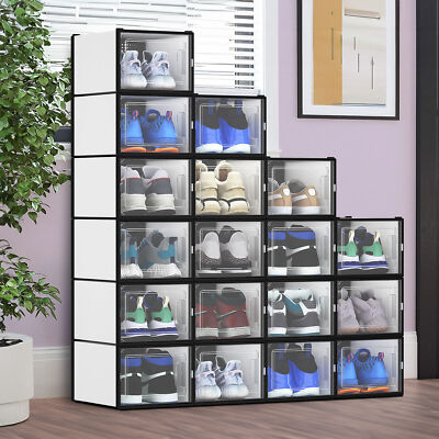 18Pcs Shoe Organizers Box Stackable Sneaker Storage Clear Case Black XL Size