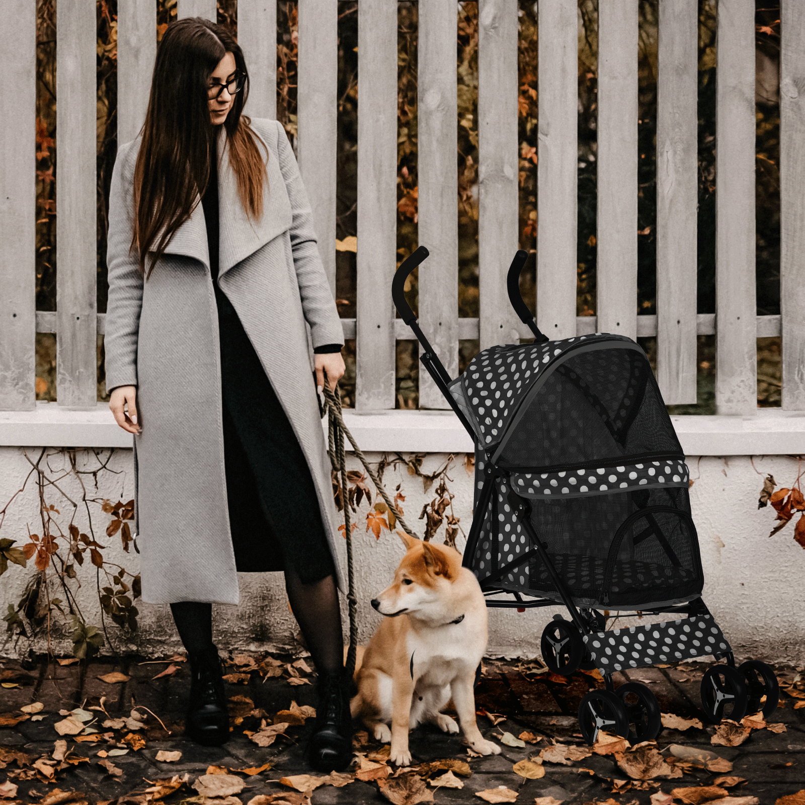 4 Wheels Pet Stroller Foldable Cat Dog Travel Carrier Storage Basket w/Skylight