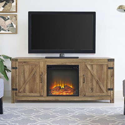 Rustic Farmhouse Barn Door Fireplace TV Console w/Storage Cabinet & Shelves, 58"